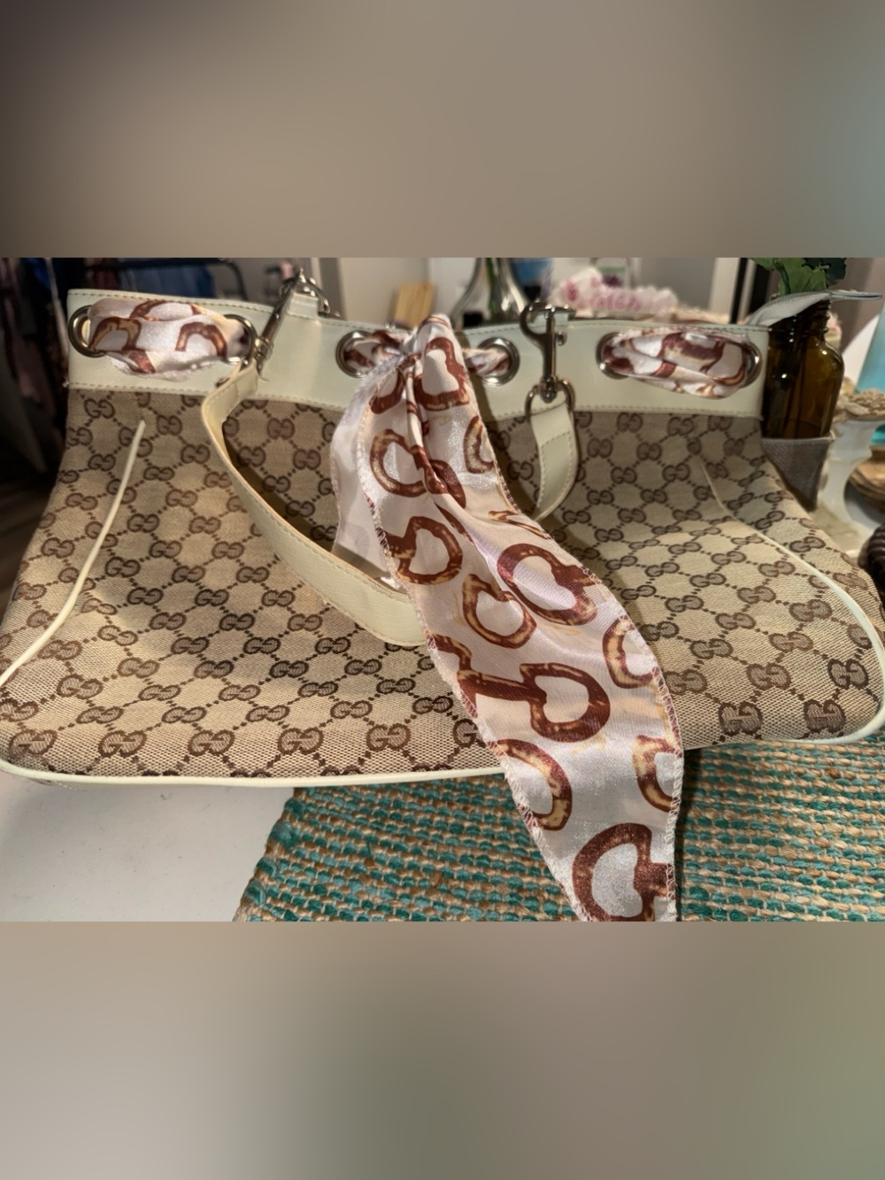 Beige Monogram Canvas Tote with Cream Trim and Scarf Accent - Picture 7 of 9